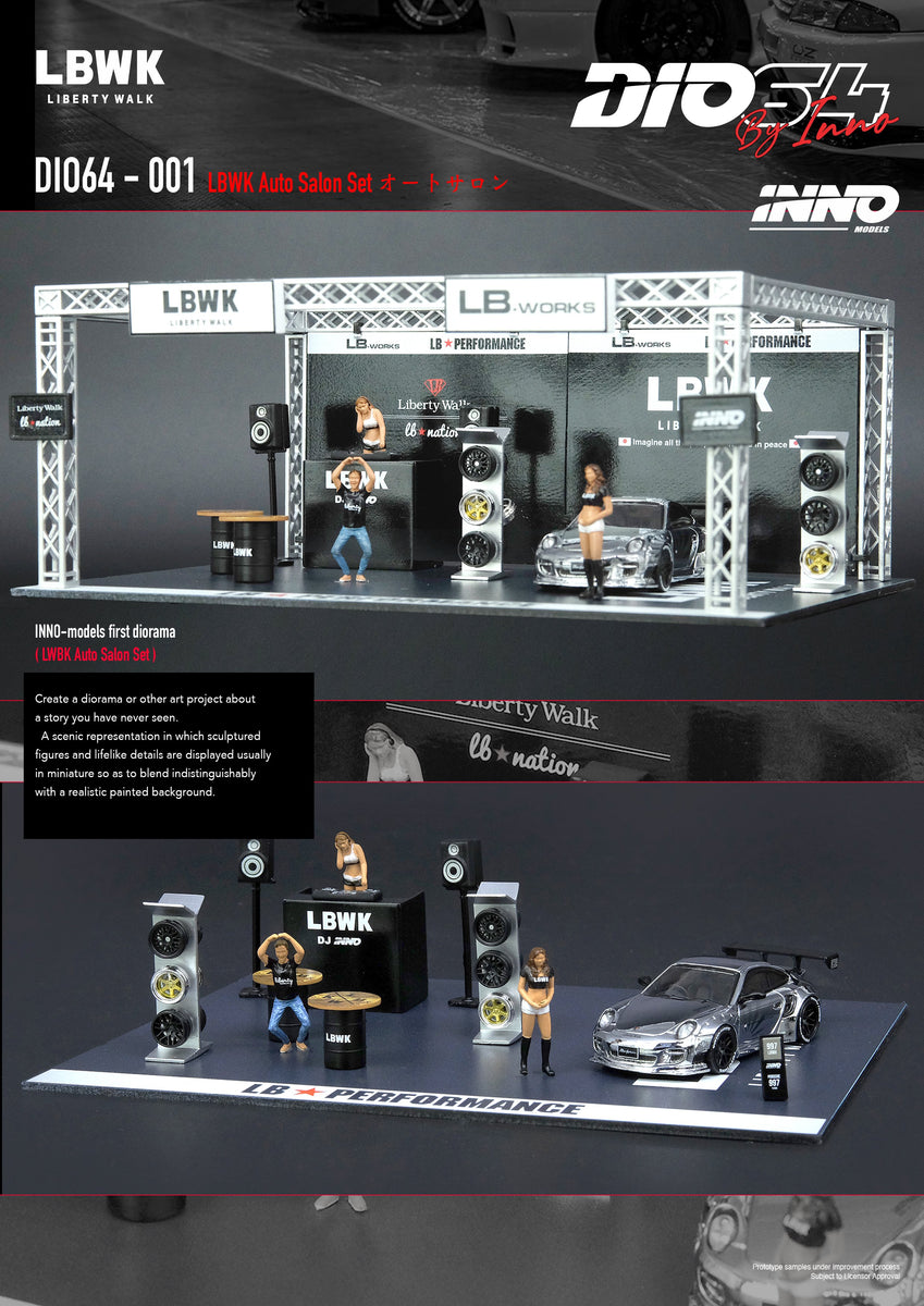 イノモデル ポルシェ LBWK AUTO SALON DIORAMA 1/64 INNO Models 1:64 Liberty Walk Auto Salon Diorama Set with 1