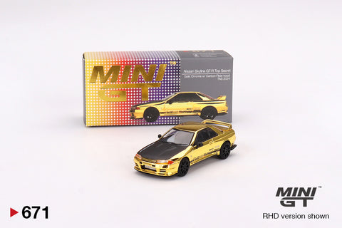 MINI GT #671 Nissan Skyline GT-R Top Secret VR32 Gold Chrome w/ Carbon Fiber hood TAS 2024